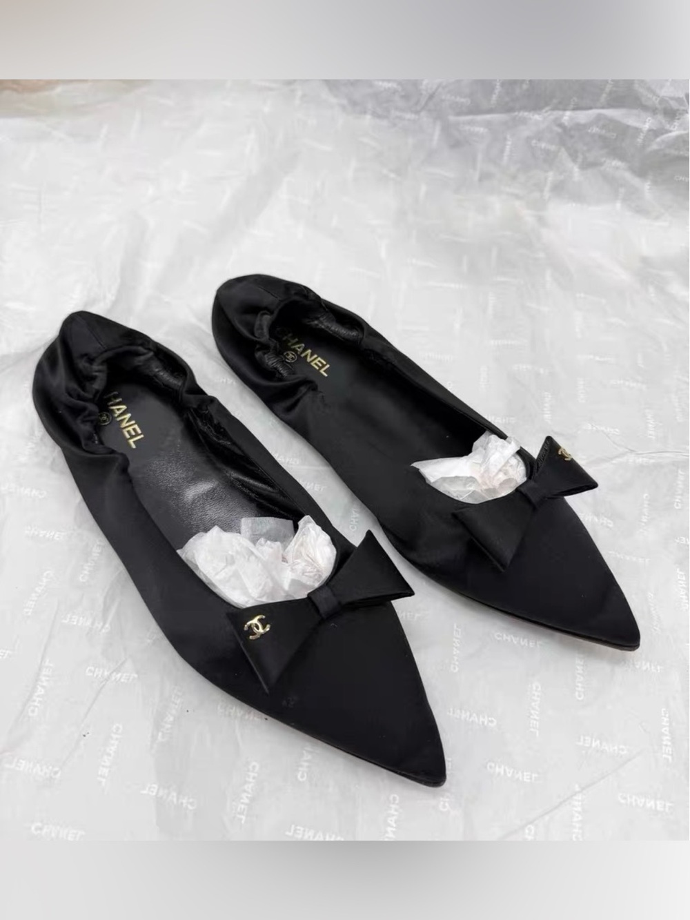 CHANEL Black Satin Pointed Bow Logo Flats